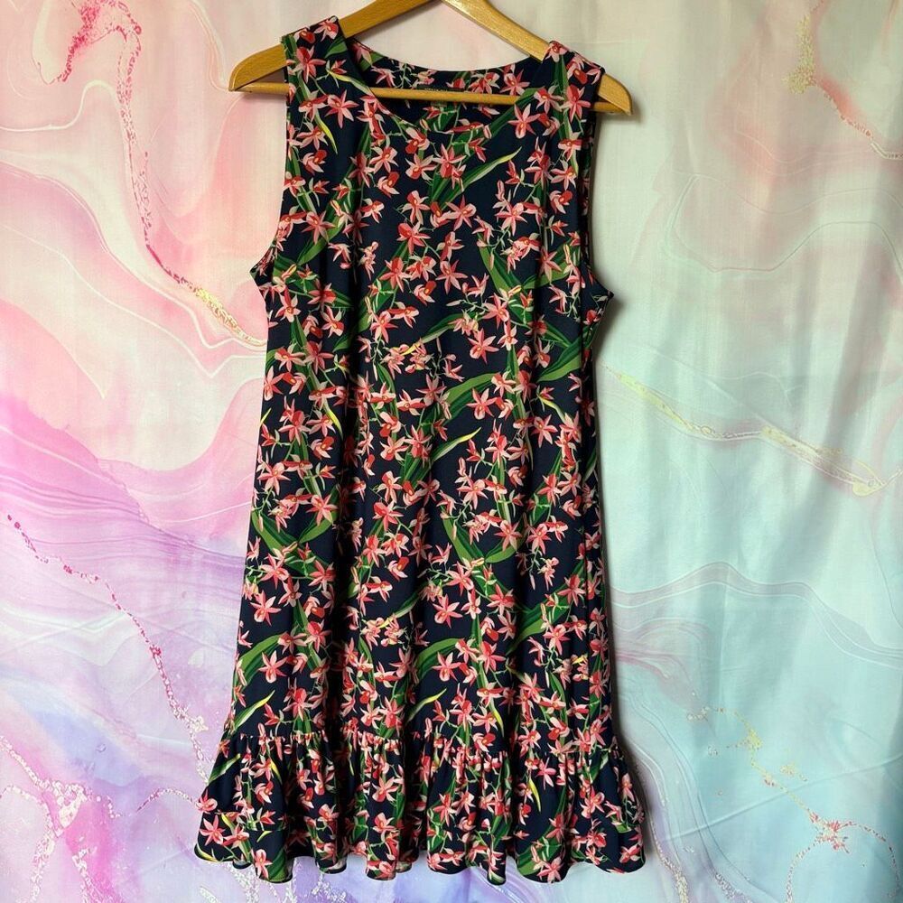 Tommy Hilfiger 14 Navy Blue Pink Floral Tropical Dress Preppy Girly Retro Classy